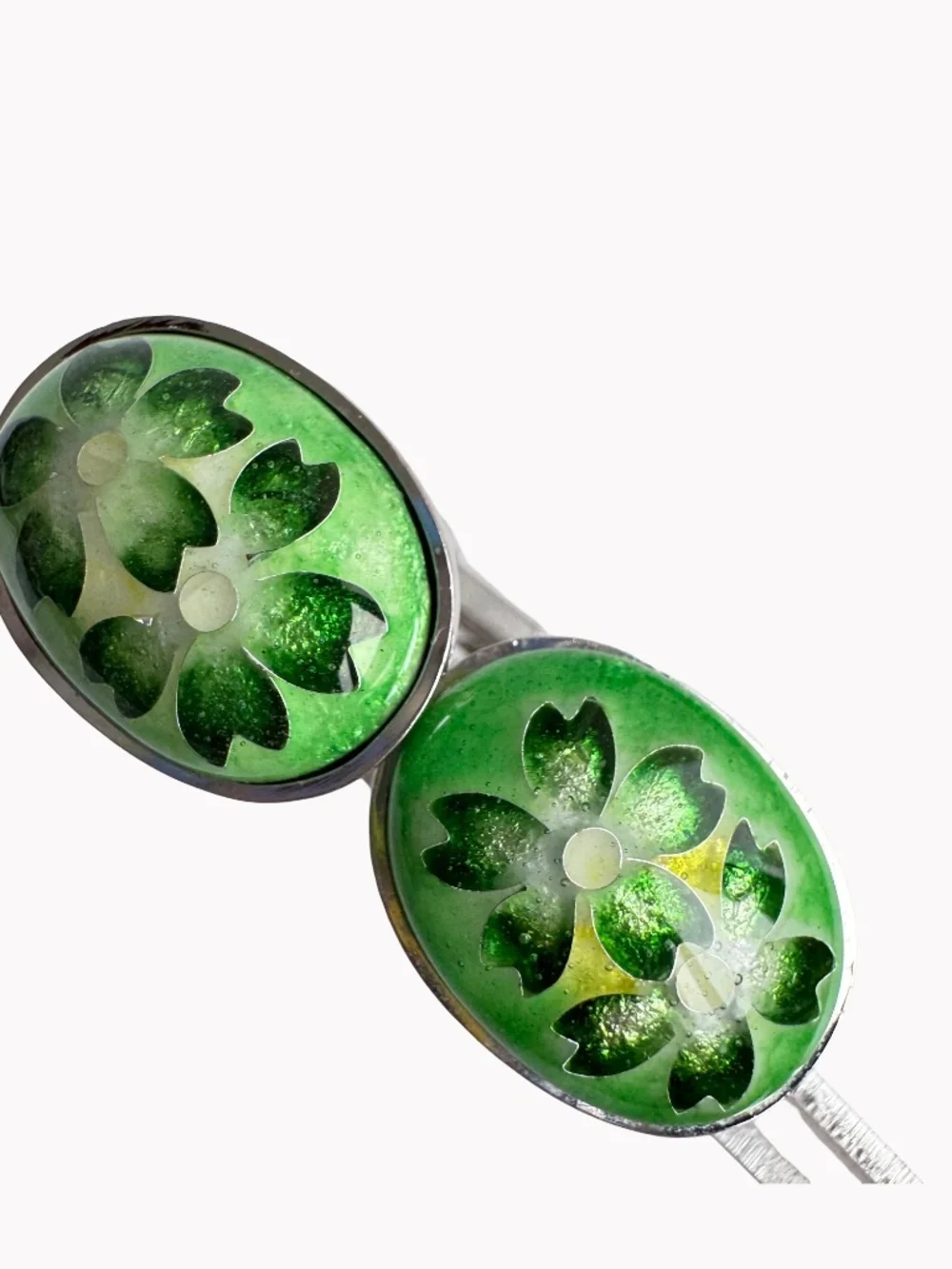 Vintage Cloisonne Enamel Cufflinks Green Floral Oval Silver Tone Mens Accessory